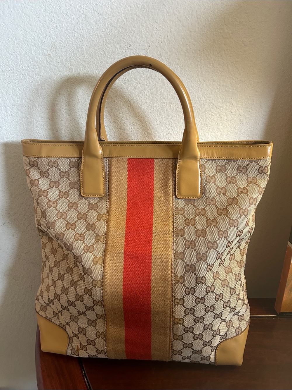 Gucci Beige GG Canvas Tote with Red and Tan Center Stripe